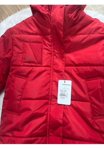 Cg Kids Kırmızı Yandan Cepli Fermuar Çıtçıt İçi Kürklü Şapkalı Unisex Mont Kırmızı