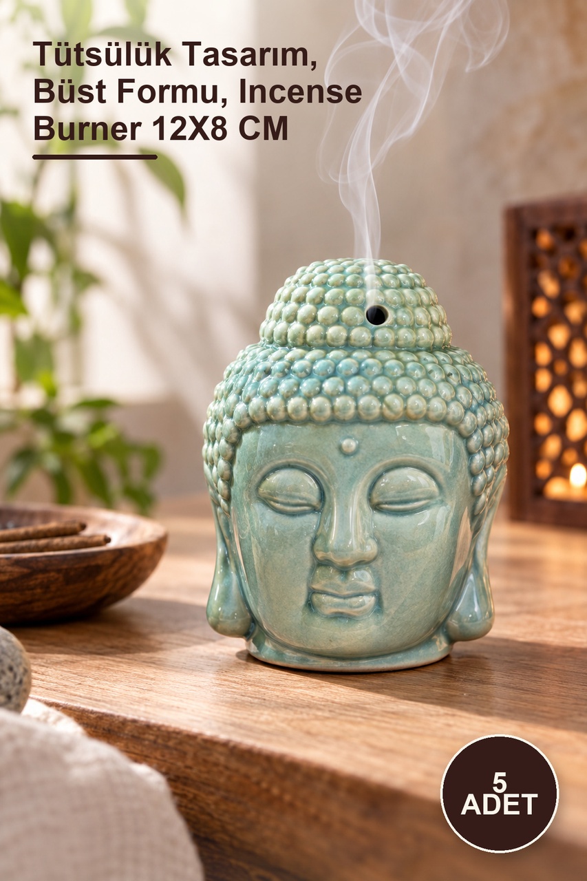 5 Adet Seramik Buda Büstü Buhurdanlık Tütsülük Tasarım, Büst Formu, Incense Burner 12x8 Cm