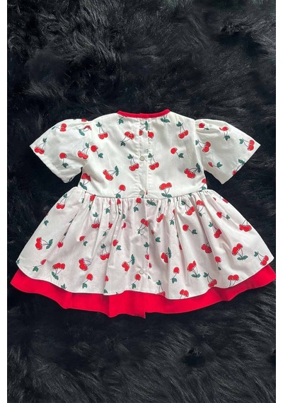 Kiraz Desenli Poplin Kız Çocuk Bebek Elbise 001