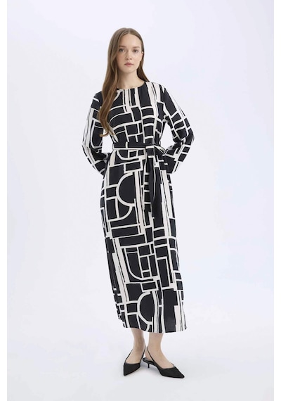 DeFacto Regular Fit Bisiklet Yaka Desenli Kuşaklı Uzun Kollu Maxi Elbise E5247AX25SPBK81