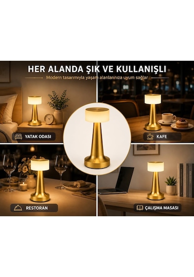 Dokunmatik Şarjlı Led Masa Lambası - 3 Kademeli Işık Ayarlı, Kablosuz Dekoratif Gece Lambası, 1800 Mah Taşınabi Diğer