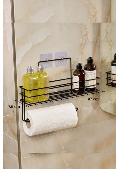 Siyah Modern Banyo Rafı Yapışkanlı Duş Organizer Kağıt Havluluk
