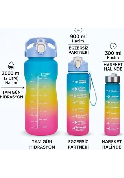 3'lü Motivasyonel Matara Seti, İç İçe Geçebilir Tasarım, 2000ml, 900ml Ve 300ml, Gradyan Renk Seçenekleri, Sticker Ve Pipet Hediyeli Gece Yarısı 0
