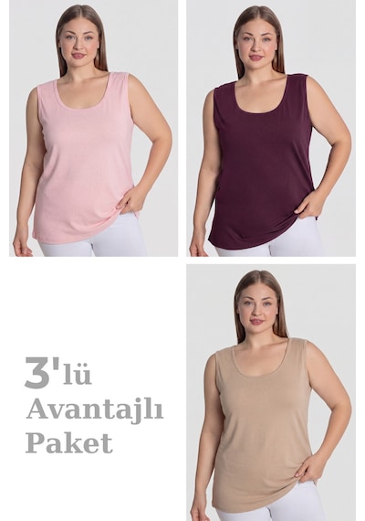 Arma Yıldız Kadın Pamuklu Büyük Beden Kalın Askılı Atlet 3'lü Paket Pembe Mürdüm Bej