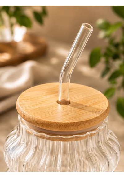 Bambu Kapaklı Pipetli Cam Bardak 580 Ml Şeffaf