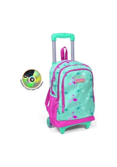 Kids Su Yeşili Neon Pembe Flamingo Desenli Çekçekli Çanta Seti Çanta-kalemlik Su Yeşili Çok Renkli