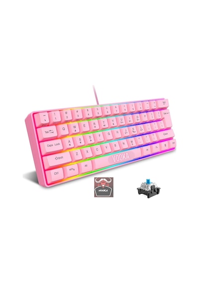 Trol Blue Switch Mini Rgb Oyun Klavyesi Gaming 62 Tuşlu 18 Rgb Led Usb Tip-c Kablosu Pembe Uyumlu