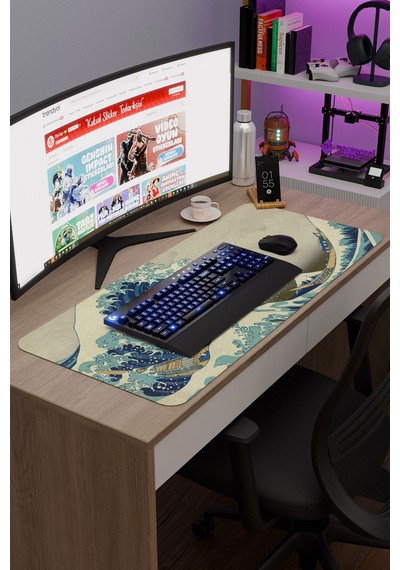 Büyük Dalga Tablo Hokusai V1 90x40 Xxl Gaming Kauçuk Kaymaz Taban Mouse Pad Fare Altlığı