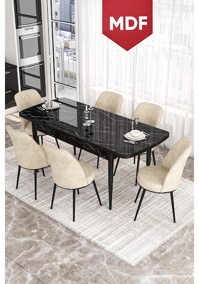 Canisa Kor Serisi, Siyah Mermer Desen MDF 70x114 Açılabilir Yemek Masası Takımı, 6 Sandalye Canisa Kor Serisi, Siyah Mermer Desen MDF 70x114 Açılabilir Yemek Masası Takımı, 6 Sandalye