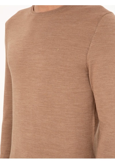 Cacharel Camel Slim Fit Bisiklet Yaka Yün Karışımlı Basic Triko Kazak Kahverengi