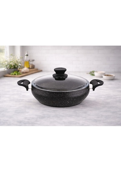 Granit Pro 30 Cm Basık Granit Güveç Tencere Siyah Bakalit Saplı Cam Kapaklı Yapışmaz
