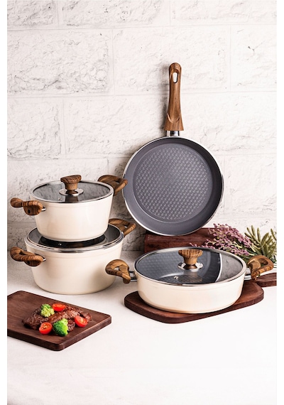 Mango Kitchen Aqua Crystal - 7 Parça Granit Tencere Seti Krem Mastercook Yapışmaz Tencere Tava Seti Inox