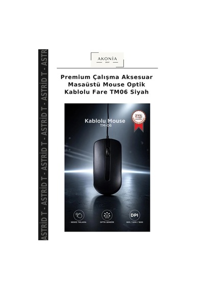 Premium Çalışma Aksesuar Masaüstü Mouse Optik Kablolu Fare Tm06 Siyah