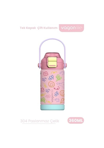 360 Ml Çocuk Termosu Tek Kapak Çift Kullanım Pipetli Rahat İçim Kulplu Paslanmaz Çelik Termos 1104-360ml Pembe Açık Beyaz