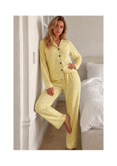Fit Women Kadın Puantiyeli Uzun Kollu Düğmeli Sarı Pijama Takımı