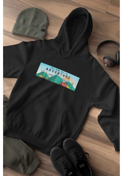 Magors Stıl-x Adventure Baskılı, Pamuklu, Kapüşonlu, Oversıze Unısex Sweatshırt Siyah