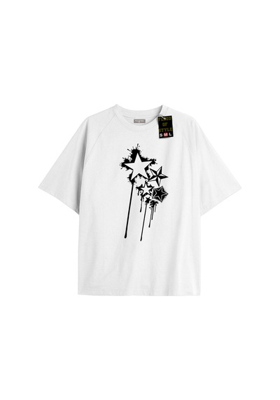 Flood Of Style Beyaz Oversize T-shirt Yıldız Özel Tasarım