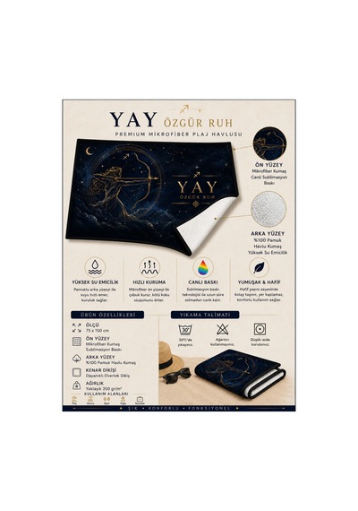 Plaj Havlusu Burç Koleksiyonu Premium Özel Tasarım Hızlı Kuruyan Mikrofiber Havlu Çok Renkli Lacivert