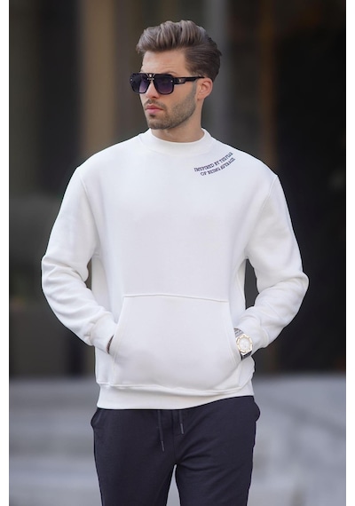 Madmext Ekru Bisiklet Yaka Nakış Detaylı Cepli Erkek Sweatshirt 7049-ekru Ekru