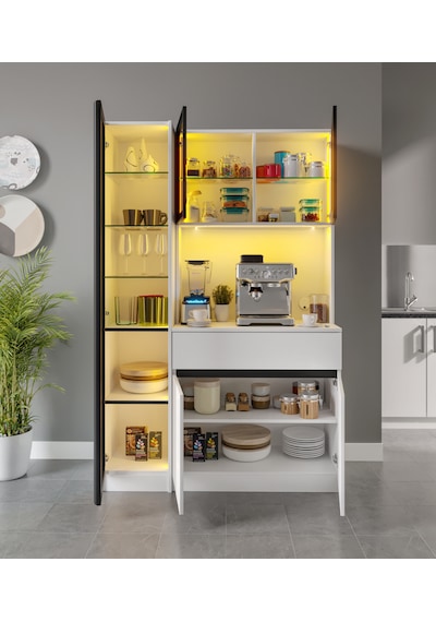 Moon Midi Sol Vitrinli Kahve Köşesi Komple Mdf Led Mutfak Dolabı Beyaz
