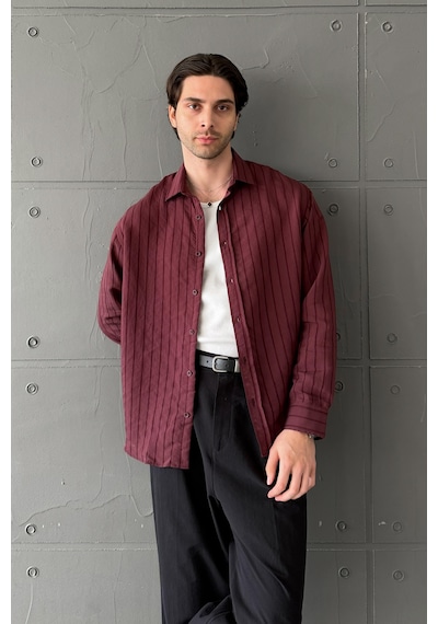 Erkek Oversize Çizgili Modal Gömlek Bordo