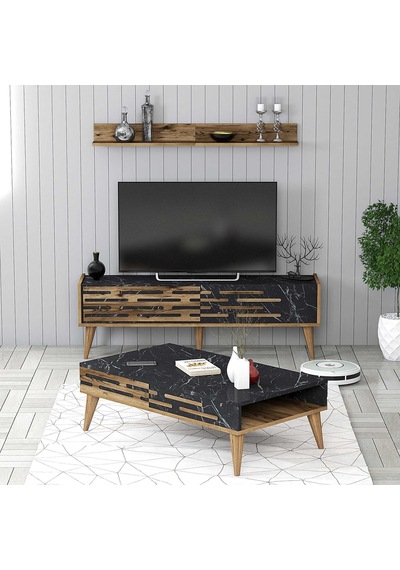 Variant Valensiya 140cm Tv Ünitesi Ve Orta Sehpa Takımı - Ceviz / Siyah Mermer