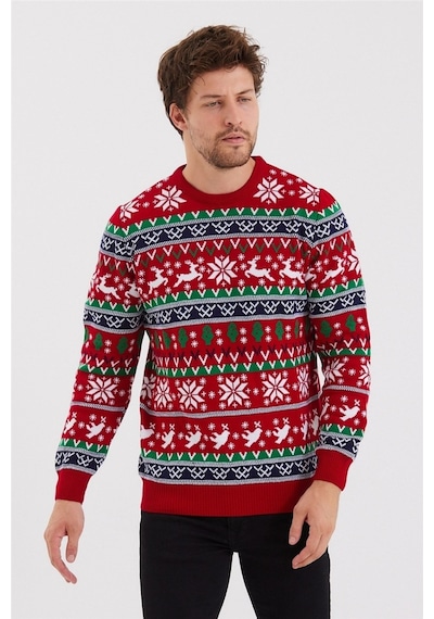 Erkek Kırmızı-yeşil-beyaz Christmas Yılbaşı Kazağı-noelkzkr200s Kırmızı-yeşil-beyaz