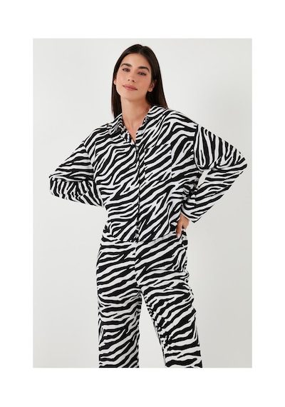 Lela Desenli Rahat Kesim Bol Paça Yazlık Bayan Pijama Takımı 6110014 Siyah-Beyaz