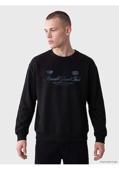LC Waikiki Lc Waıkıkı Siyah Bisiklet Yaka Marseille Baskılı Erkek Sweatshirt