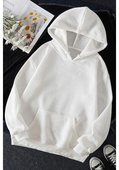 Uyguntarz Unisex Pamuk Şardonlu Kapüşonlu Sweatshirt beyaz