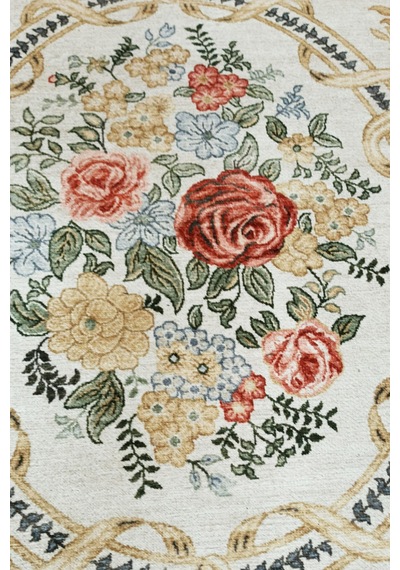 Oval Vintage Gül Desenli Krem Kilim Fransız Klasik Şık Salon Oturma Odası Halısı Krem Krem