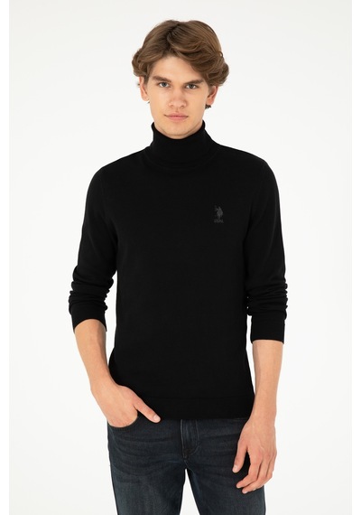 U.S. Polo Assn. Erkek Slim Fit Boğazlı Yaka Siyah Basic Kazak 50288884-VR046