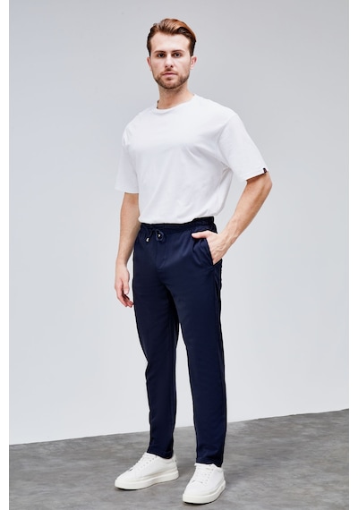 HLT Jeans Erkek Lacivert Relaxed Fit Yandan Cepli Beli Lastikli Bağcıklı Duble Paça Jogger Pantolon Bolt-1997 Lacivert