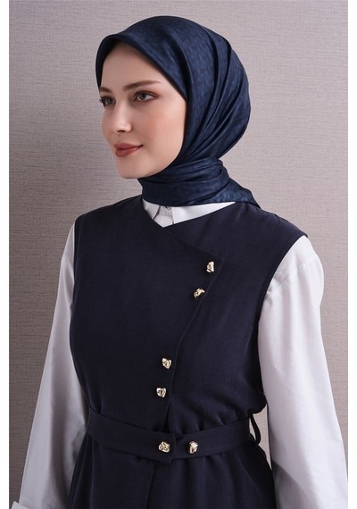 Armine Sura Saf İpek Eşarp 9622 86 Lacivert Geometrik Desen