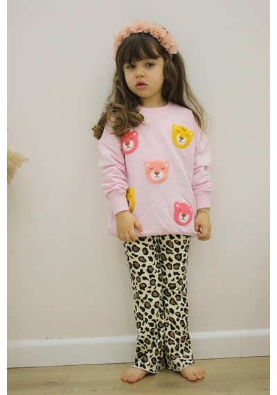Miniko Kids Kız Çocuk Ayıcık Modelli Uzun Kol Pamuk Taytlı Takım Pembe