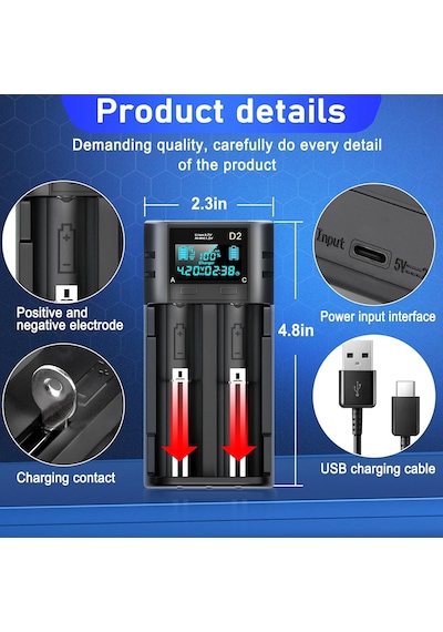 I-gen Lıı-400 Akıllı Li-ıon Pil Şarj Cihazı, Type-c Girişli, Lcd Ekranlı, 2 Slot Şarj, Li-ıon & Ni-mh Uyumlu 18650 / 21700 / Aa / Aaa