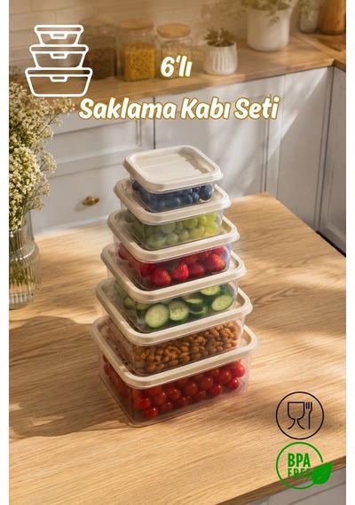 Porsima Sa-645 6 Adet 12 Parça Derin Dondurucu Mikrodalga Saklama Kabı - Çok Amaçlı Erzak Saklama Kabı Seti Bej