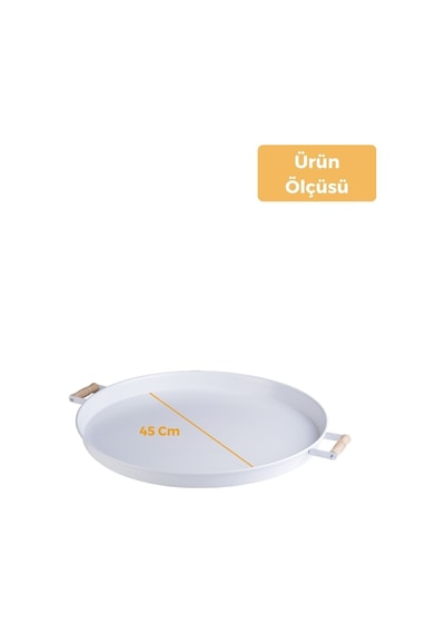 Metal 45 Cm Beyaz Ahşap Kulplu Yuvarlak Tepsi, Kahvaltı Tepsisi, Sunum Tepsisi Beyaz