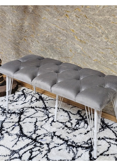 Zafir Metal Beyaz Tel Ayaklı 100 Cm Puf Bench - Puf - Bench - Oturak - Mutfak Oturağı - Antre Oturağı Gri