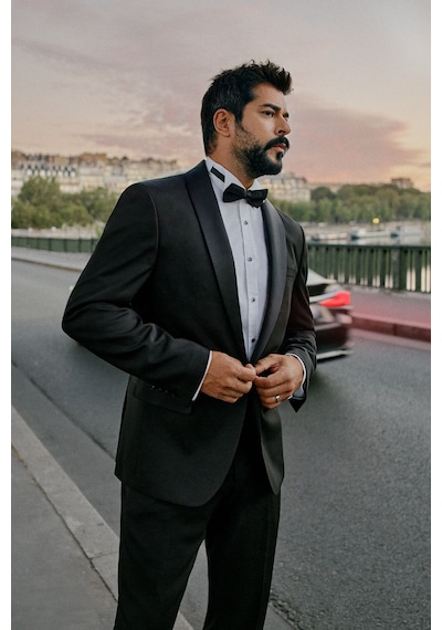 AC&Co / Altınyıldız Classics Slim Fit Dar Kesim Şal Yaka Armürlü Siyah Smokin Takım 001
