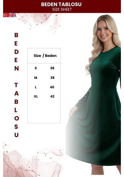 Zedefx Kadın İnci Detaylı Kadife Elbise Yeşil