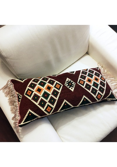 3 Lü Bordo Kilim Desenli Püsküllü İç Dolgulu Dekoratif Kırlent Seti Etnik Bohem Salon Koltuk Yastığı Bordo