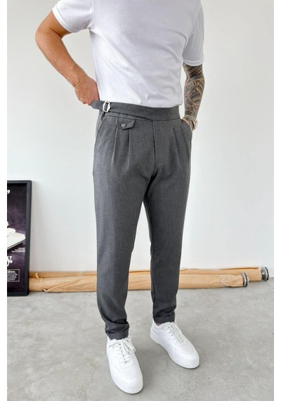 Koyu Gri Kemer Detaylı Regular Fit Kumaş Pantolon