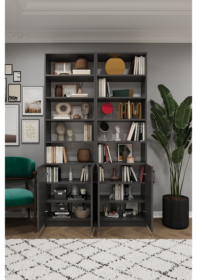 Asra Trend K-46 %100 MDF 120 cm 2 Modüllü Kapaklı Kitaplık Raflı Kütüphane Koyu Gri