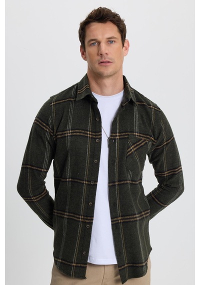 Tudors Erkek Slim Fit Dar Kesim Kareli Cepli Haki Oduncu Gömlek-41792 Çok Renkli