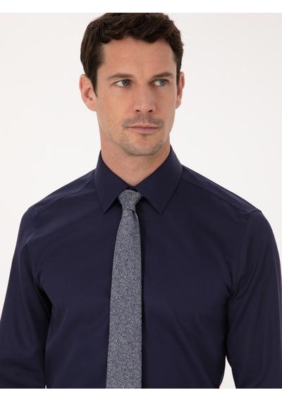Cacharel Lacivert Slim Fit %100 Pamuk Non Iron Kolay Ütülenebilir Klasik Gömlek