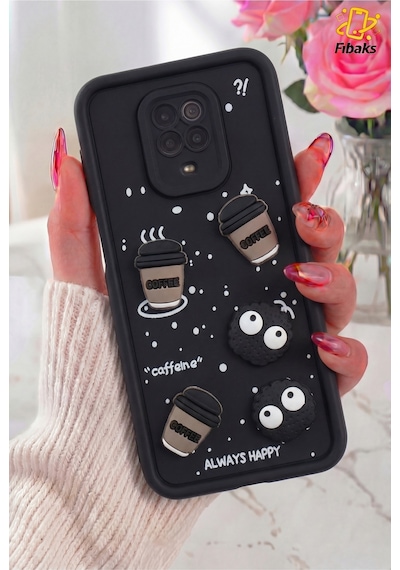 Fibaks Redmi Note 9 Pro/9s Uyumlu Kılıf Tasarımlı Desenli Kamera Korumalı Coffee Kurabiye Siyah Yumuşak Silikon