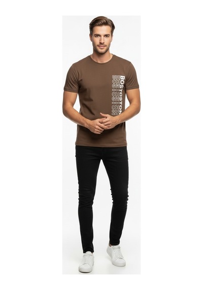 Urban Boston Dikey Baskı Erkek Tişört Slim Fit, Sokak Stili Günlük T-shirt Çok renkli