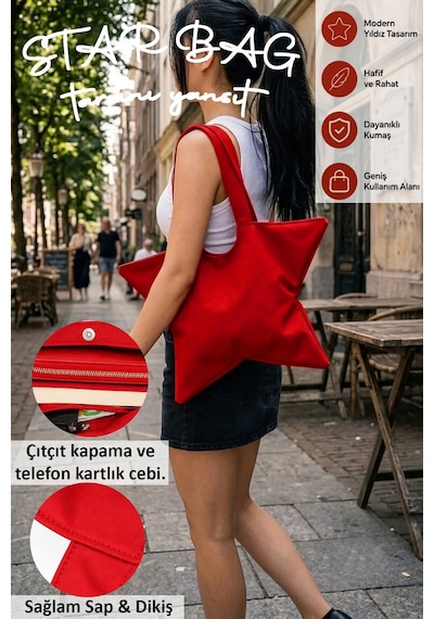 Tuttobene Star Bag Yıldız Çanta Çıtçıtlı İç Cepli Özel Tasarım Omuz Çantası Su Geçirmez Leke Tutmaz Tb052 Kırmızı
