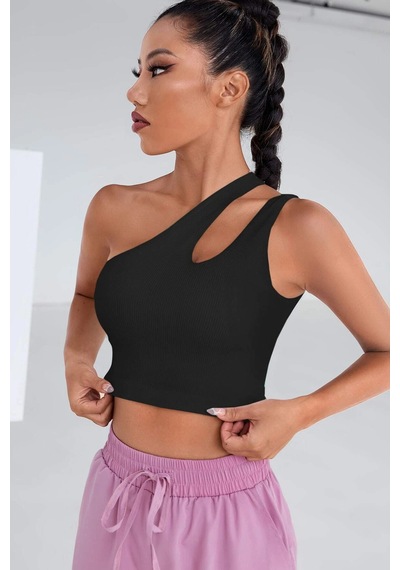 Fantezia Night Kadın Beyaz Tek Omuz Cut Out Detaylı Crop Top Bluz SIYAH
